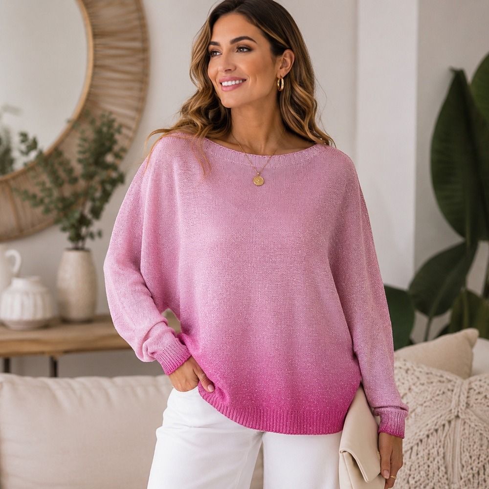 Gigi Moda Made in Italy Pink Metallic Ombre Zip Back Dolman Knit Sweater Large